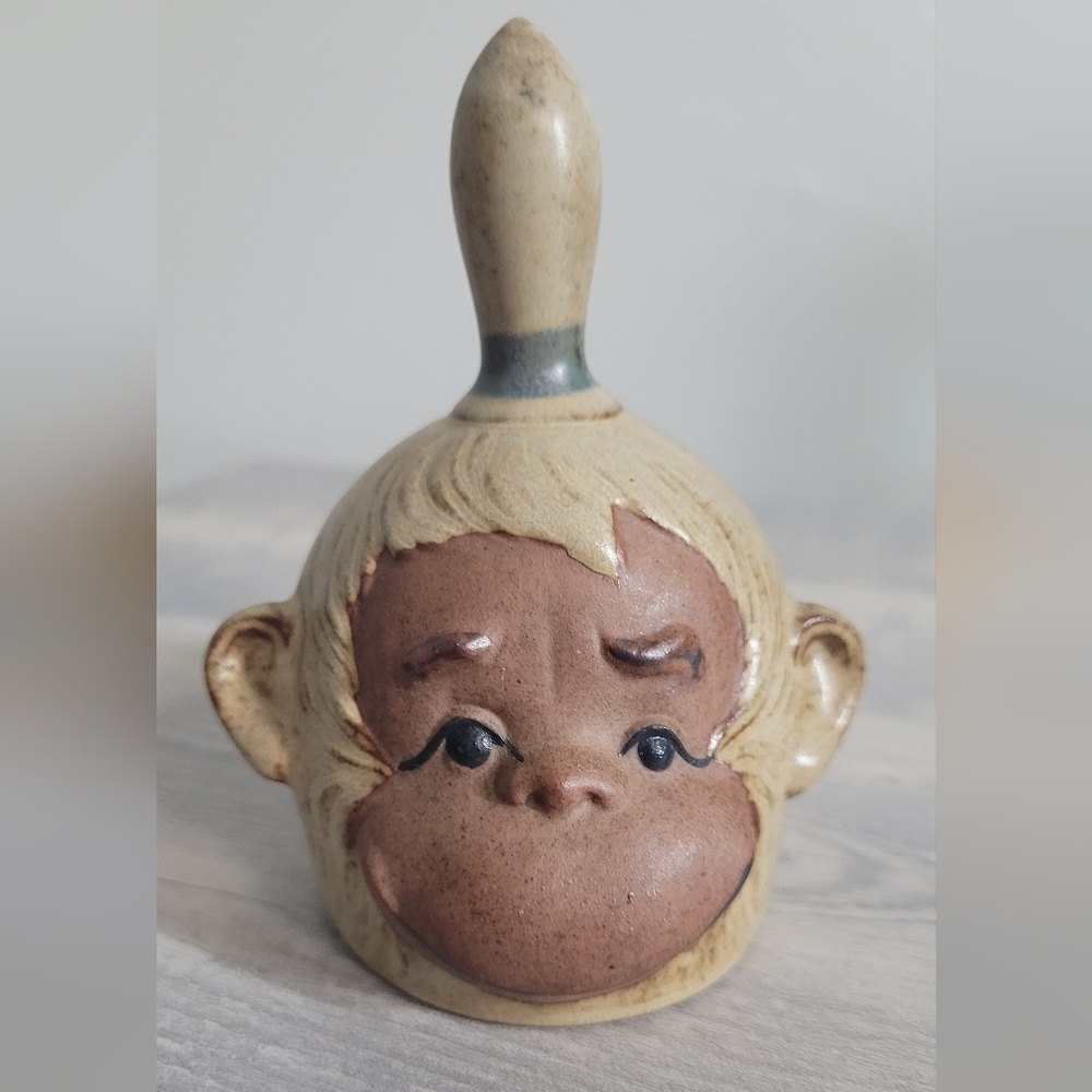 Japan 3-DMonkey Bonobo Chimpanzee Uctci Stoneware Animal Dinner Bell Pottery Vtg - Picture 1 of 5